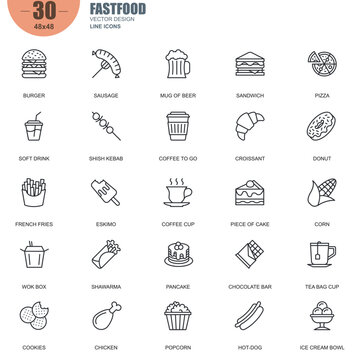 Simple Set of Fastfood Related Vector Line Icons. Contains such Icons as Burger, Sausage, Sandwich, Pizza, French Fries, Hot-dog and more. Editable Stroke. 48x48 Pixel Perfect.