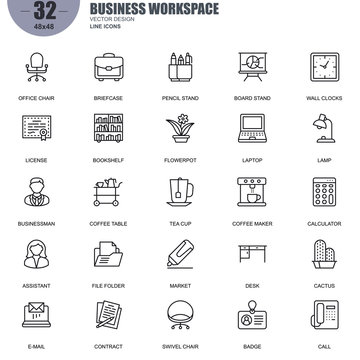 Simple Set of Business Workspace Related Vector Line Icons. Contains such Icons as Office Chair, Bookshelf, Laptop, Businessman, Board Stand and more. Editable Stroke. 48x48 Pixel Perfect.