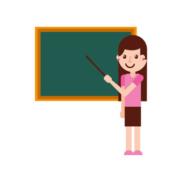 cartoon teacher with pointer standing in front of blackboard