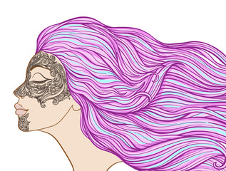 Young beautiful girl with long hair in profile with traditional 