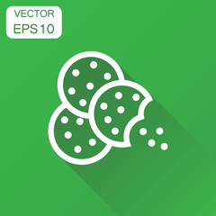 Cookie icon. Business concept chip biscuit symbol pictogram. Vector illustration on green background with long shadow.