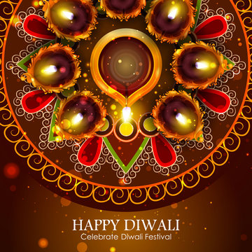Illustration of decorated diya for Happy Diwali holiday background