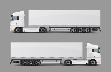 Blank white cargo truck with tented semi-trailer side view realistic vector template. Modern commercial transport for heavy loads transportation, delivery vehicle ready for brand, corporate ad mockup