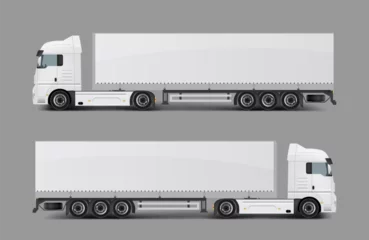 Deurstickers Blank white cargo truck with tented semi-trailer side view realistic vector template. Modern commercial transport for heavy loads transportation, delivery vehicle ready for brand, corporate ad mockup © vectorpocket