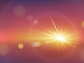 Flash of bright soft light with rays and bokeh realistic vector on gradient warm red background. Abstract dazzling blurry glowing, fire explosion, far star, lighting flare with halo, sunlight effect