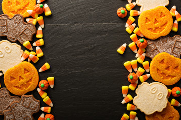 Halloween pumpkin cookies and candy