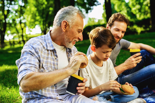 A man, his elderly father and son are sitting in a park on a picnic. A boy is sitting with a smartphone in his hands