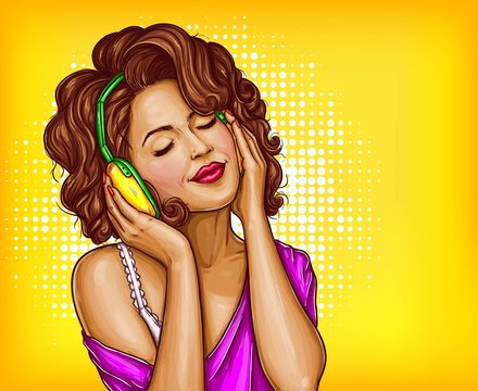 Young pretty woman in vintage headphones listening music with closed eyes pop art vector illustration on dotted background. Curly girl music lover relaxing when enjoying her favorite song. Copyspace