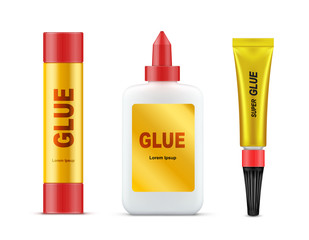 Different types of branded glue tubes with gold label and red cap realistic vector set isolated on white background. Paper glue stick, stationery liquid glue and super glue template, product mockup