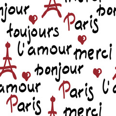 vector seamless pattern with handwritten french words. brush calligraphy.  Paris, toujours l'amour, merci, bonjour words. © Марианна Меркушина
