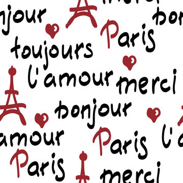 vector seamless pattern with handwritten french words. brush calligraphy.  Paris, toujours l'amour, merci, bonjour words.