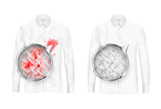 Pare of dirty and clean white shirts with magnifying glass showing fabrics fiber before and after washing or detergent use realistic vector isolated on white background. Clothing deep cleaning concept