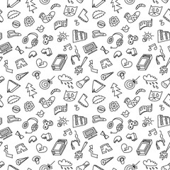 Abstract seamless pattern with many items. Background with different objects.