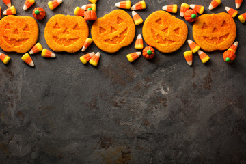Halloween pumpkin cookies and candy