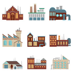 Industrial factory buildings with pipe and bad environment. Vector eco symbols