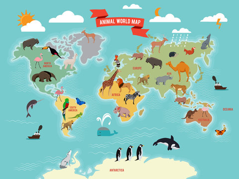 Illustration of wildlife animals on the world map. Vector illustrations set
