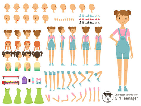Young smile girl casual style. Mascot creation kit with different body parts. Vector cartoon constructor