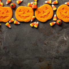 Halloween pumpkin cookies and candy