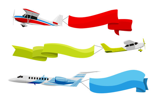 Attached banners to flying airplanes. Vector illustration in cartoon style