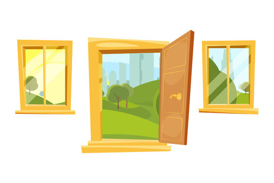 Open doors and sunset landscape behind windows. Vector pictures set in cartoon style