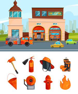 Municipal building of fire station services. Vector pictures isolate on white