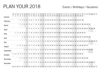 2018 all year wall planner. Template for filling.