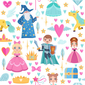 Seamless pattern with different magic elements. Fairytale illustrations in cartoon style