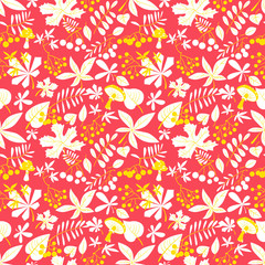 Fall season floral seamless pattern. Autumn background with bright leaves