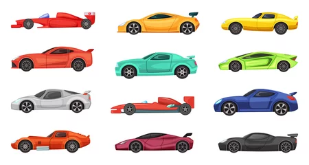 Foto auf Acrylglas Cartoon-Autos Verschiedene Sportwagen getrennt auf Weiß. Vektorillustrationen von Rennfahrern auf der Straße