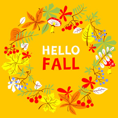 Fall season wreath. Autumn border with bright leaves, rowan and grape.