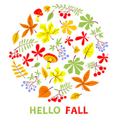 Autumn floral card. Fall season vector illustration. Hello fall inspirational quote