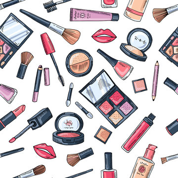 Makeup seamless pattern. Illustrations of different cosmetics