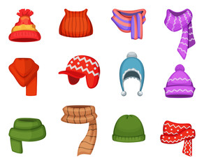 Set of winter scarfs and caps with different colors and styles