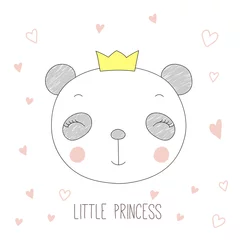 Keuken spatwand met foto Hand drawn vector portrait of a funny panda girl in a crown, with hearts and text Little princess. © Maria Skrigan