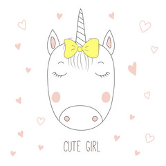 Hand drawn vector portrait of a funny unicorn girl with a bow, with hearts and text Cute girl.