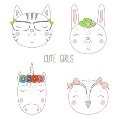Set of hand drawn cute funny portraits of cat, bunny, unicorn, owl girls with flowers and hats.