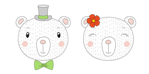 Hand drawn vector portraits of a funny bears girl and boy with flower and hat.
