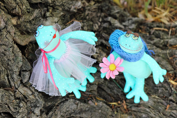 Couple boy and girl soft textile art dolls toys enamored frog-bride in wedding dress and frog-groom with flower. Wedding concept of love of tenderness and affection