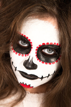Halloween - Terrifiying Portrait of a zombie girl - Red, black and white make up - black background