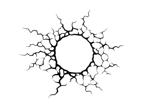 Cracks hole in the wall. Cracked concrete or damage on white background. Texture design in grunge with stone style. 