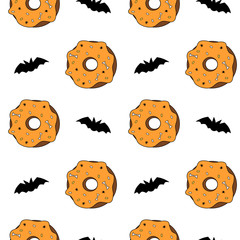 cute cartoon halloween seamless vector pattern background illustration with donuts and bats