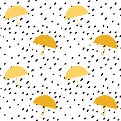 black hand drawn confetti on white background seamless vector pattern illustration with yellow umbrellas