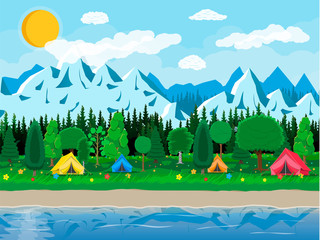Meadow with grass and camping, lake
