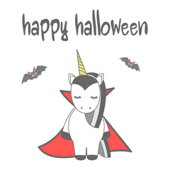 hand drawn lettering happy halloween vector card with cute cartoon vampire unicorn