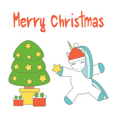 hand drawn lettering merry christmas vector card with cute cartoon unicorn