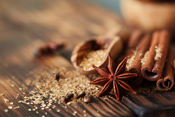Traditional Christmas spices, food background