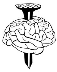 Nail pierces the brain concept illustration. Nail pierces the brain black on white illustration isolated
