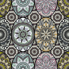 Seamless pattern tile with mandalas. Vintage decorative elements. Hand drawn background. Islam, Arabic, Indian, ottoman motifs. Perfect for printing on fabric or paper.