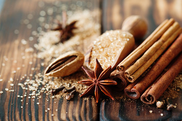 Traditional Christmas spices, food background