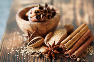 Traditional Christmas spices, food background